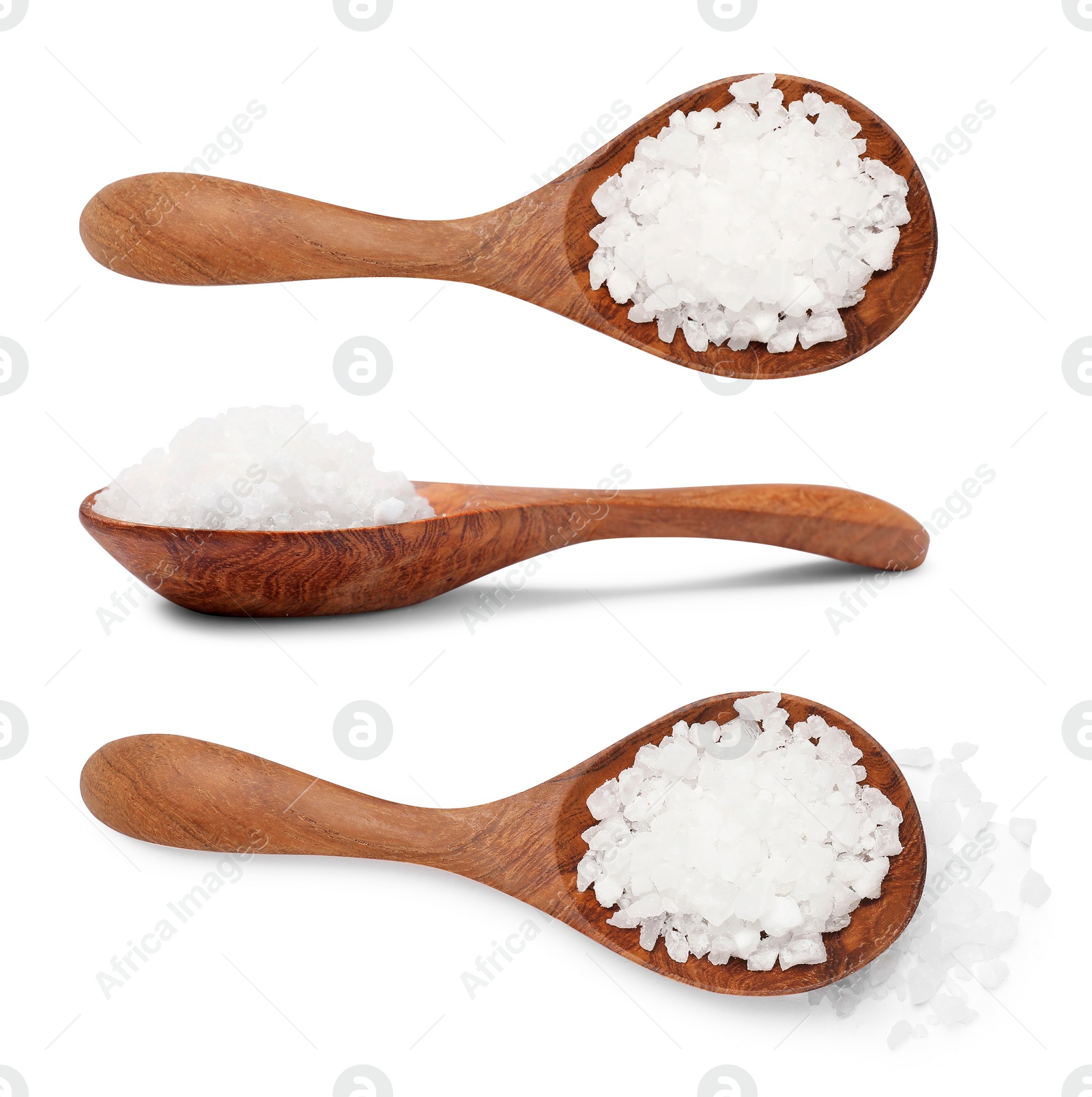 Image of Natural salt in wooden spoon isolated on white, set