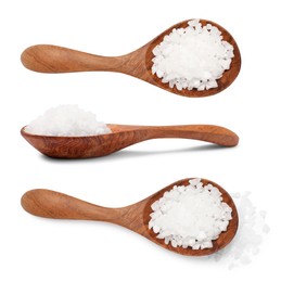 Natural salt in wooden spoon isolated on white, set