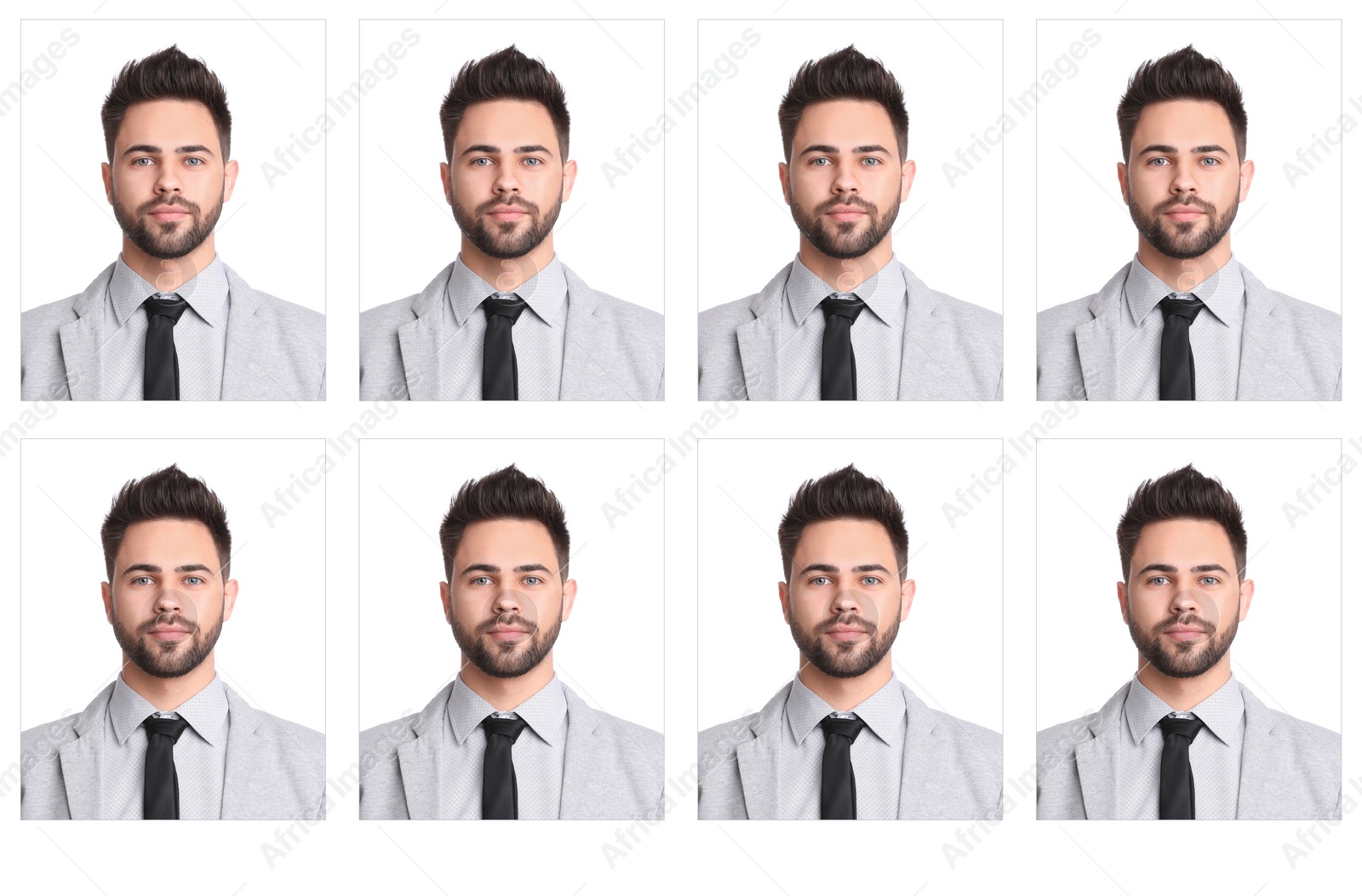 Image of Passport photo, collage. Man on white background, set of photos