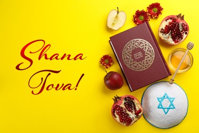 Image of Flat lay composition with Rosh Hashanah holiday attributes on yellow background. Torah book with text in hebrew