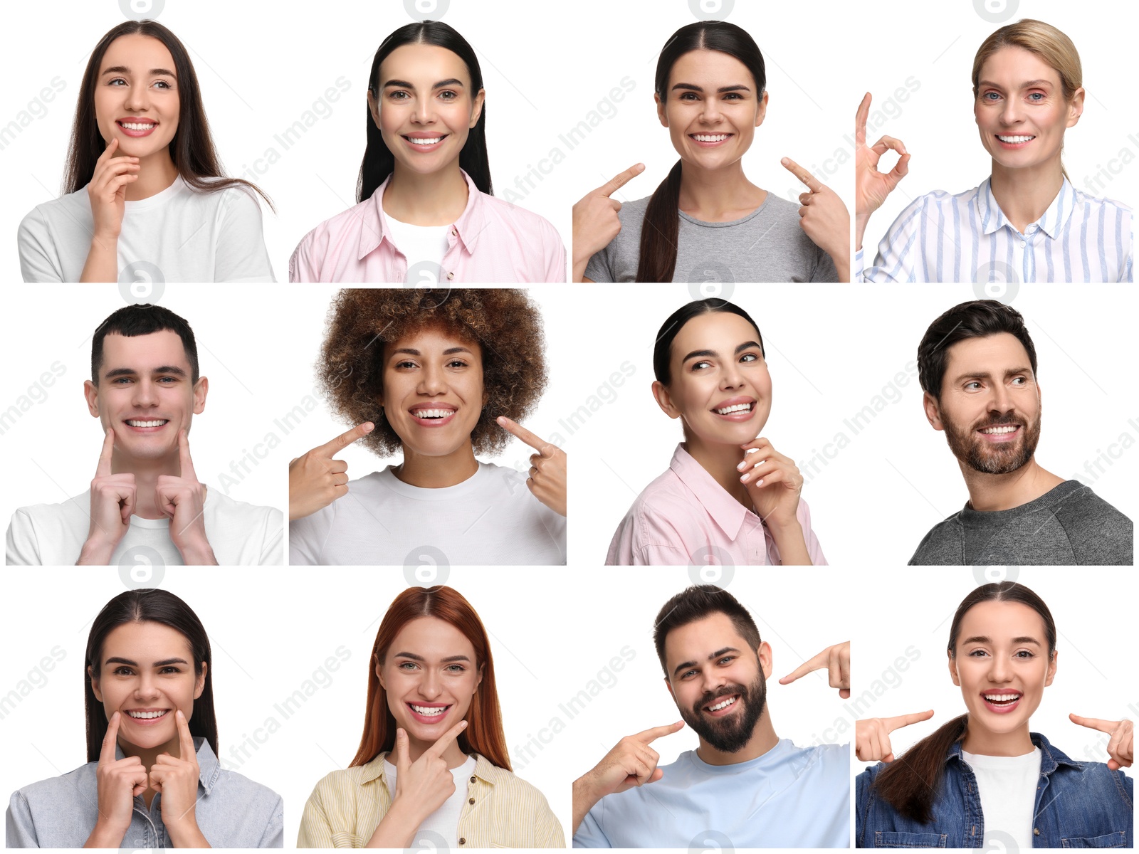 Image of People showing white teeth on white background, collage of photos