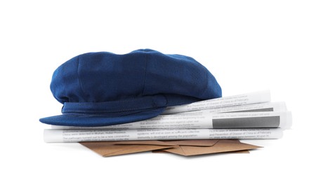Photo of Blue postman's hat, envelopes and newspapers on white background
