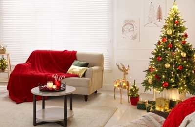 Photo of Living room with Christmas decorations. Festive interior design
