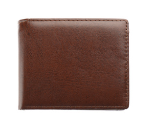 Stylish leather wallet isolated on white, top view