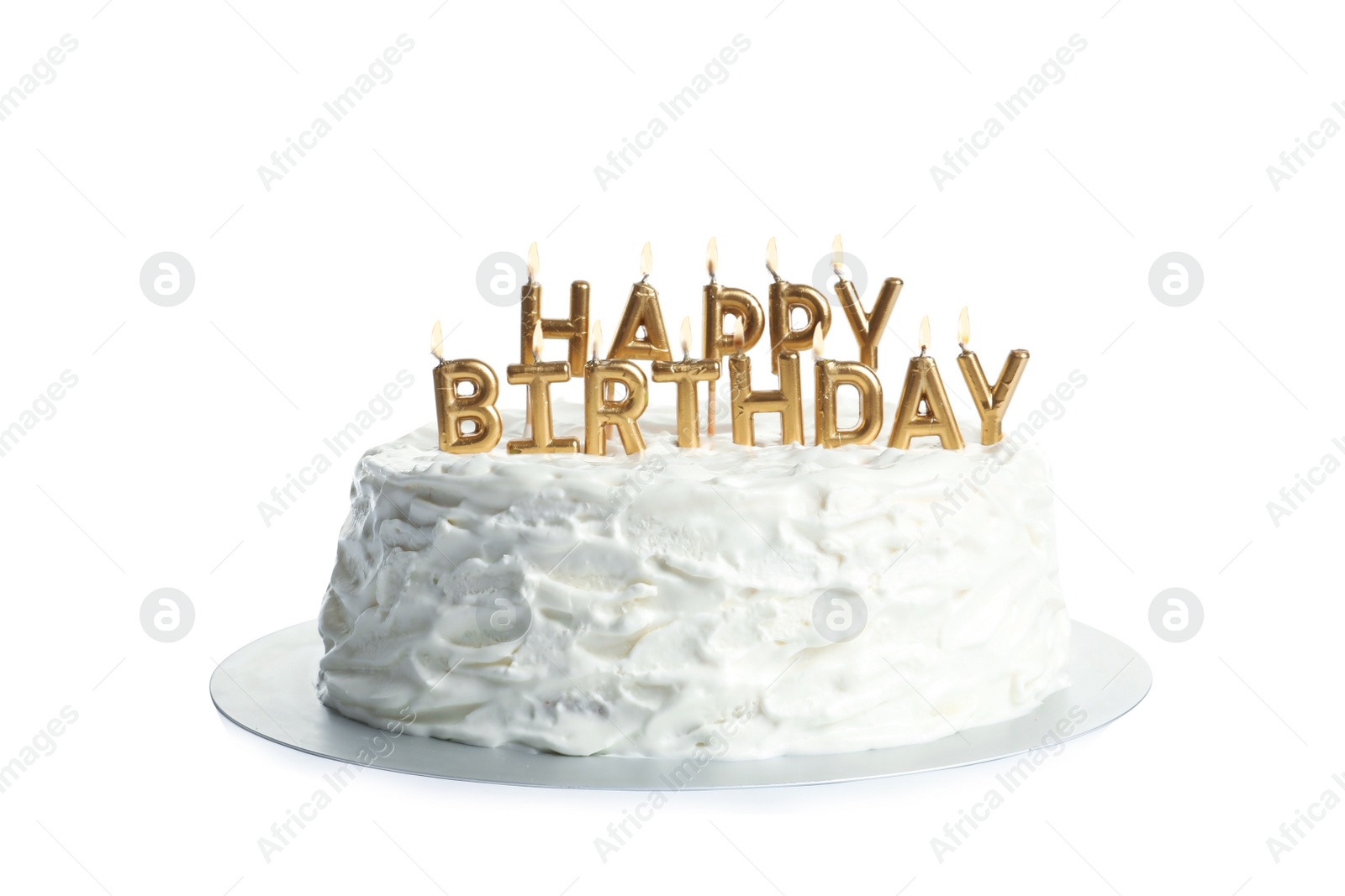 Photo of Beautiful birthday cake with candles on white background