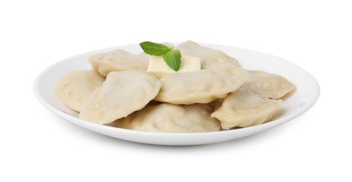 Delicious dumplings (varenyky) with tasty filling and butter isolated on white