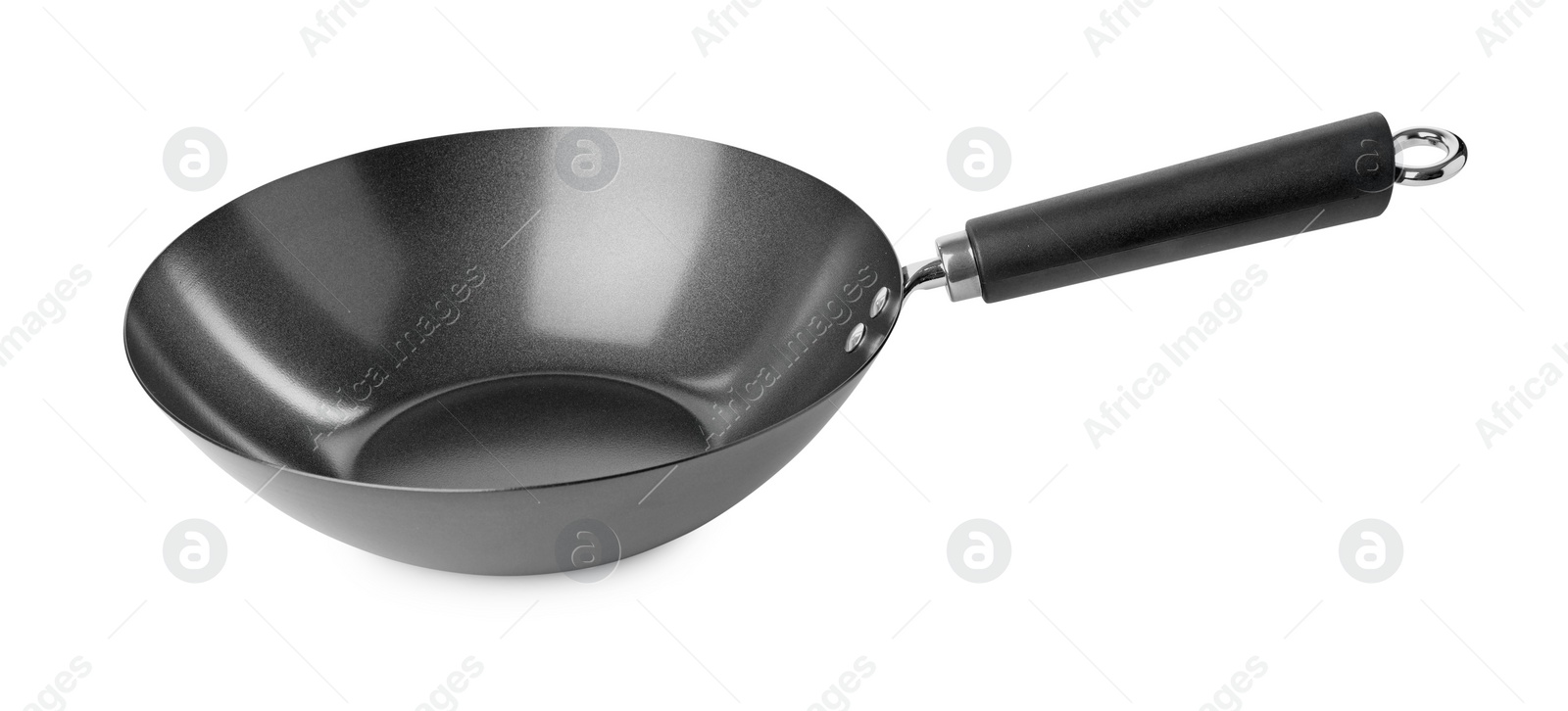 Photo of One empty metal wok isolated on white