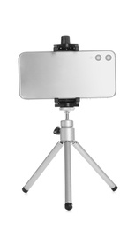 Photo of Smartphone fixed to tripod on white background