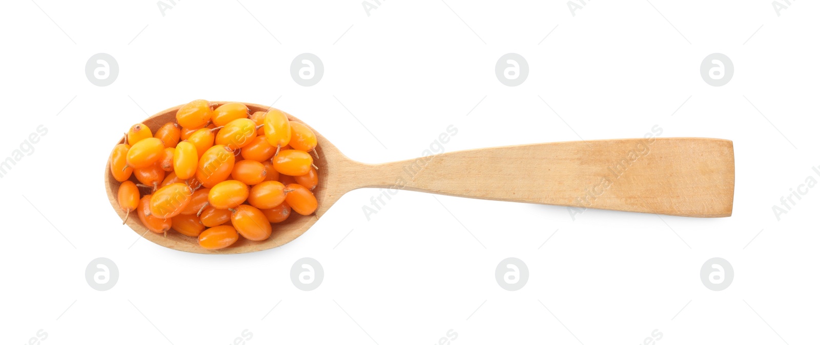 Photo of Fresh ripe sea buckthorn berries in wooden spoon on white background, top view