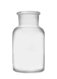 Photo of Empty apothecary bottle isolated on white. Laboratory glassware