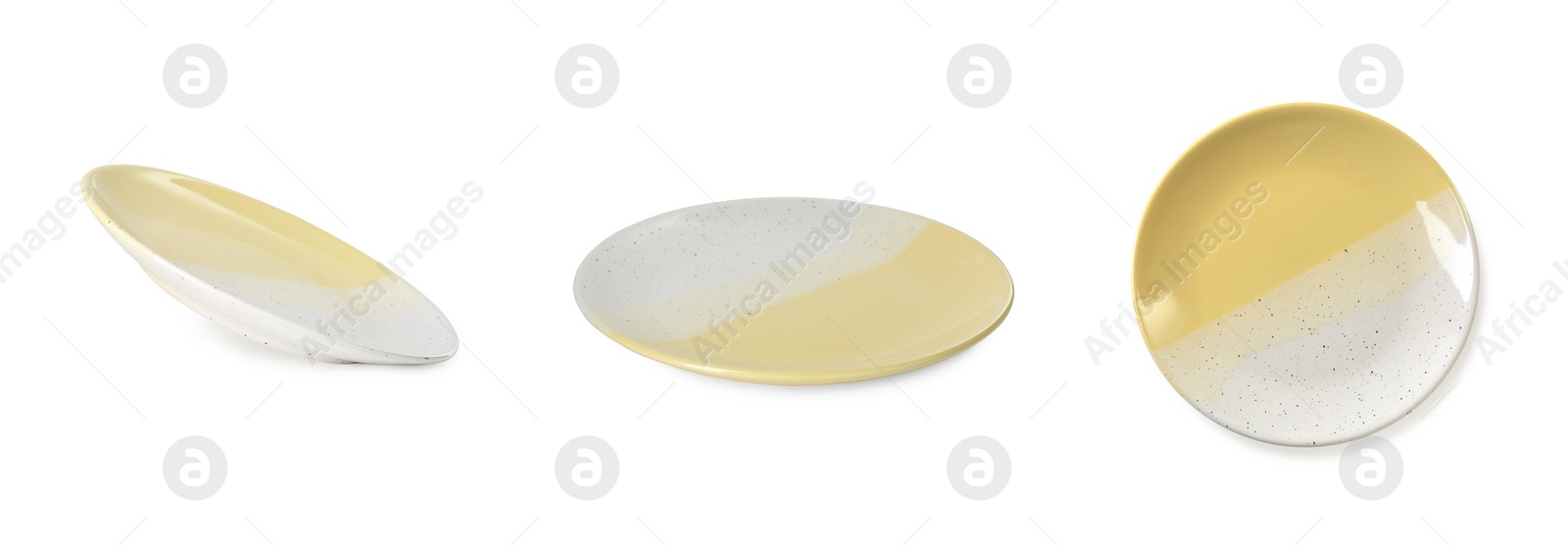 Image of Empty ceramic plate isolated on white, set with different views