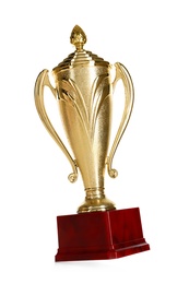 Photo of Shiny gold cup on white background. Winner's trophy
