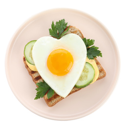 Plate of tasty sandwich with heart shaped fried egg isolated on white, top view