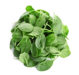 Pile of fresh green healthy baby spinach leaves on white background, top view