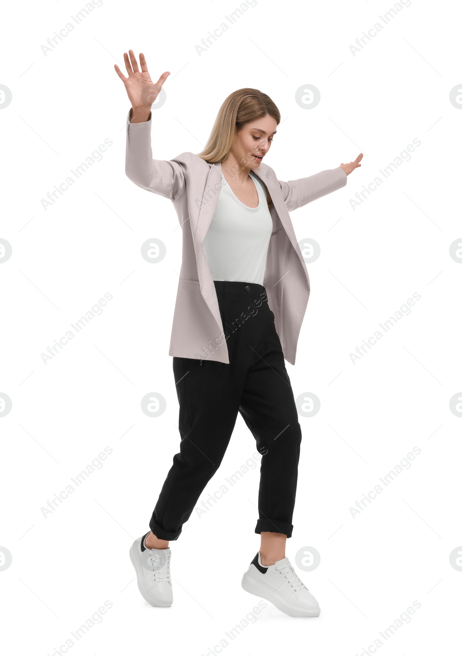 Photo of Full length portrait of beautiful businesswoman on white background