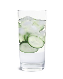 Glass of fresh cucumber water on white background