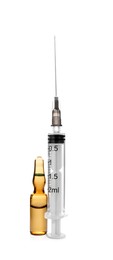 Photo of Syringe and ampule with medicine on white background