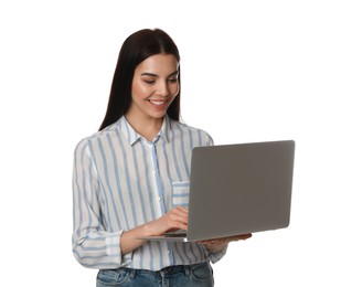 Photo of Young woman with modern laptop on white background