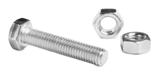 Metal bolt with hex nuts on white background