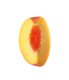 Photo of Slice of ripe peach isolated on white