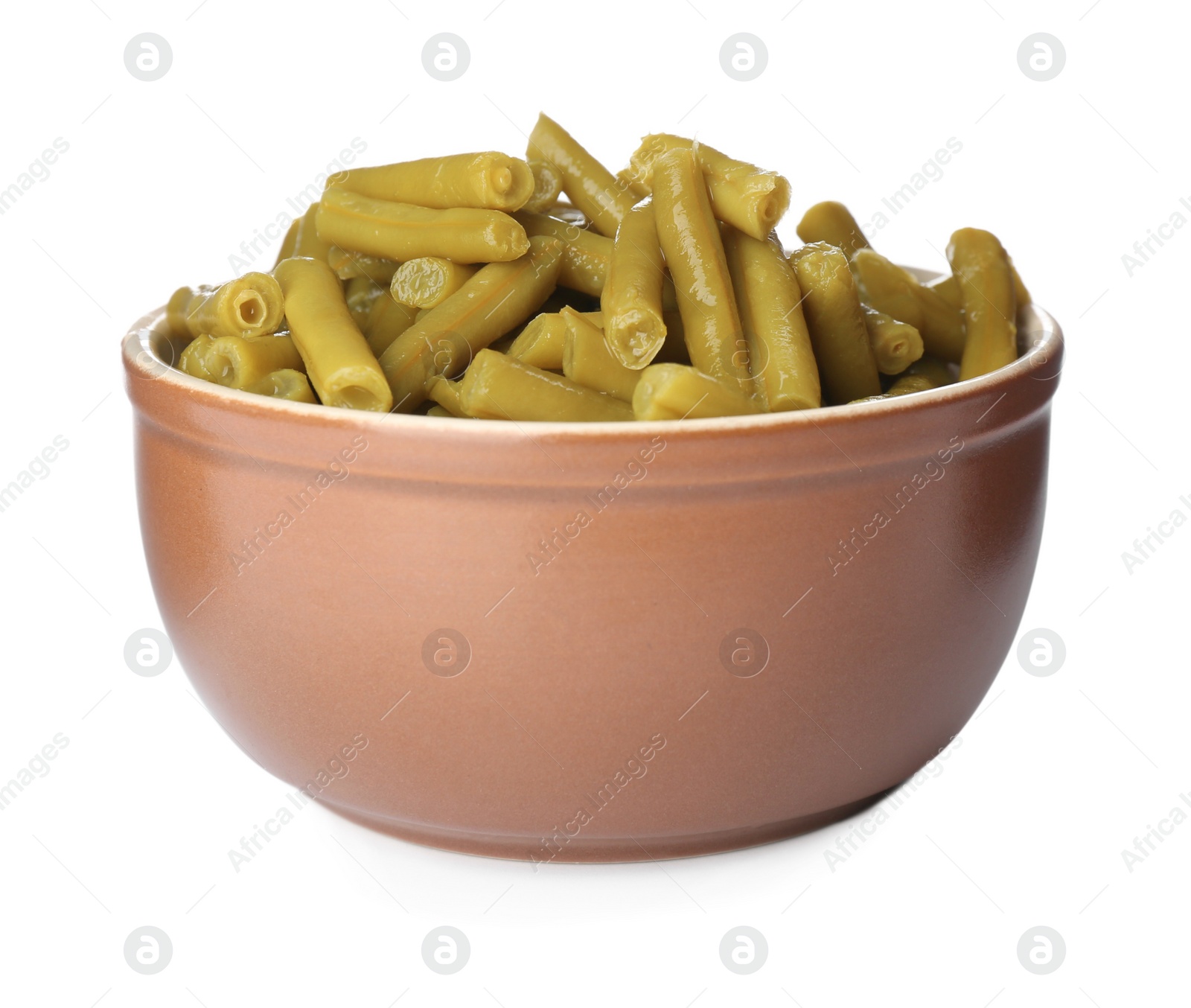 Photo of Canned green beans in bowl isolated on white