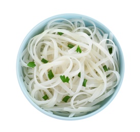 Bowl of tasty cooked rice noodles and herbs isolated on white, top view