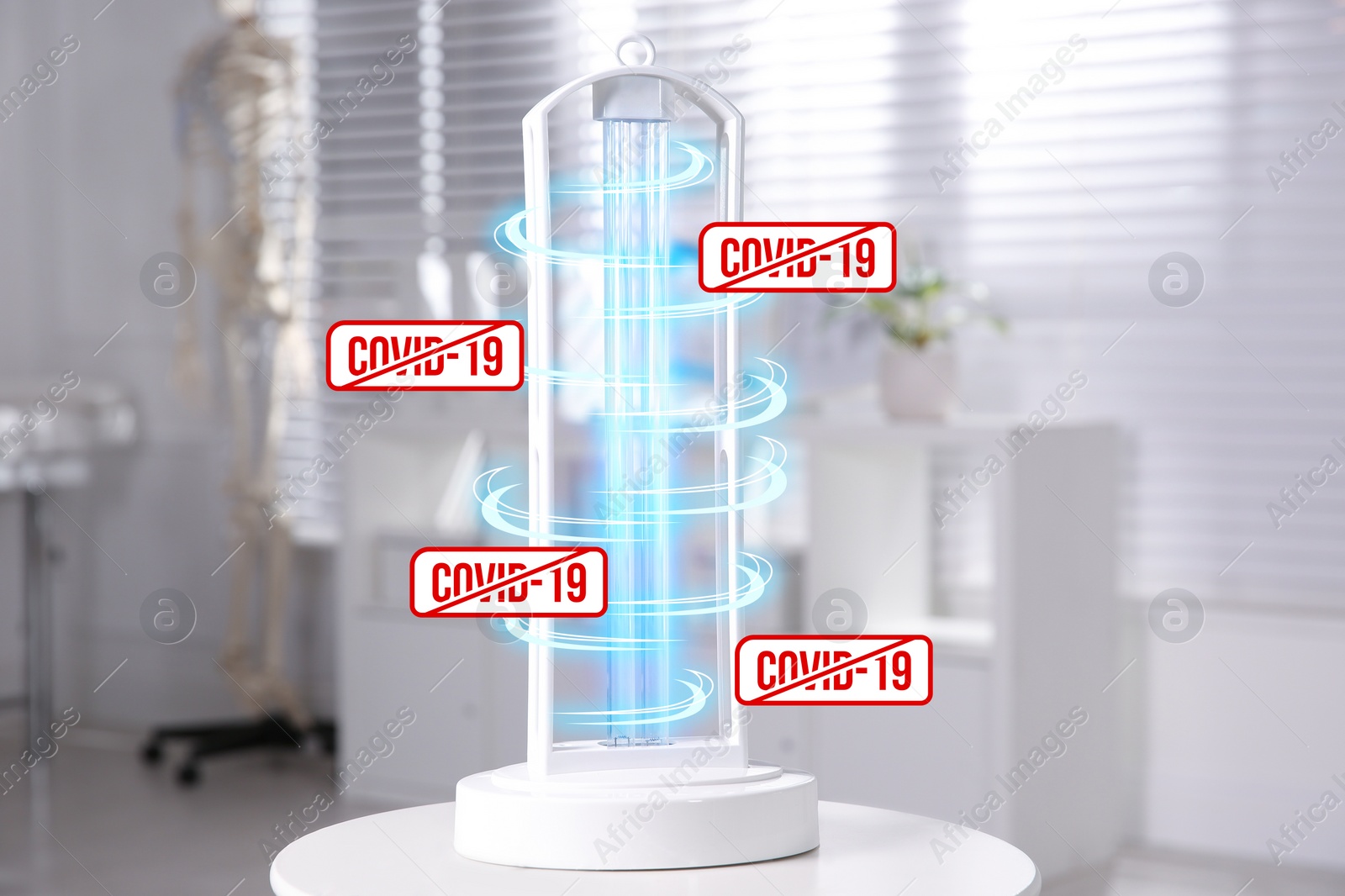 Image of UV lamp for light sterilization on white table in hospital