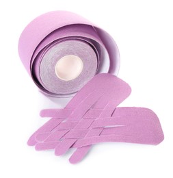 Violet kinesio tape roll and pieces on white background