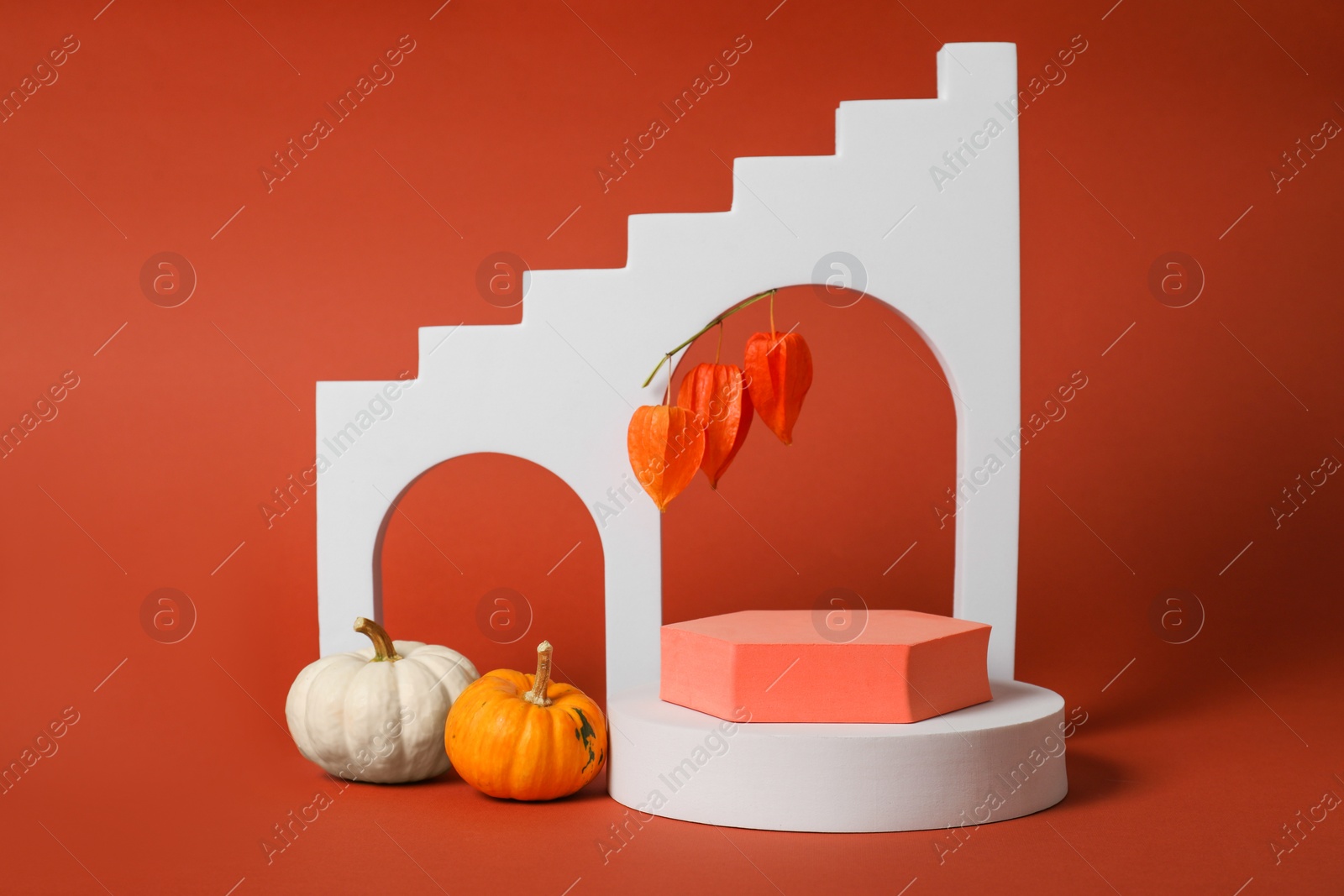 Photo of Autumn presentation for product. Geometric figures, pumpkins and physalis on brown background