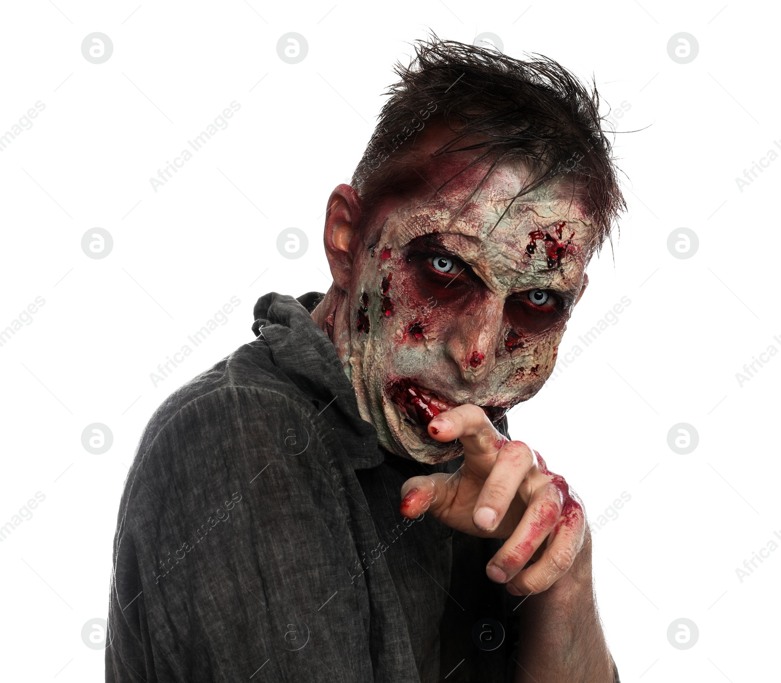 Photo of Scary zombie on white background. Halloween monster