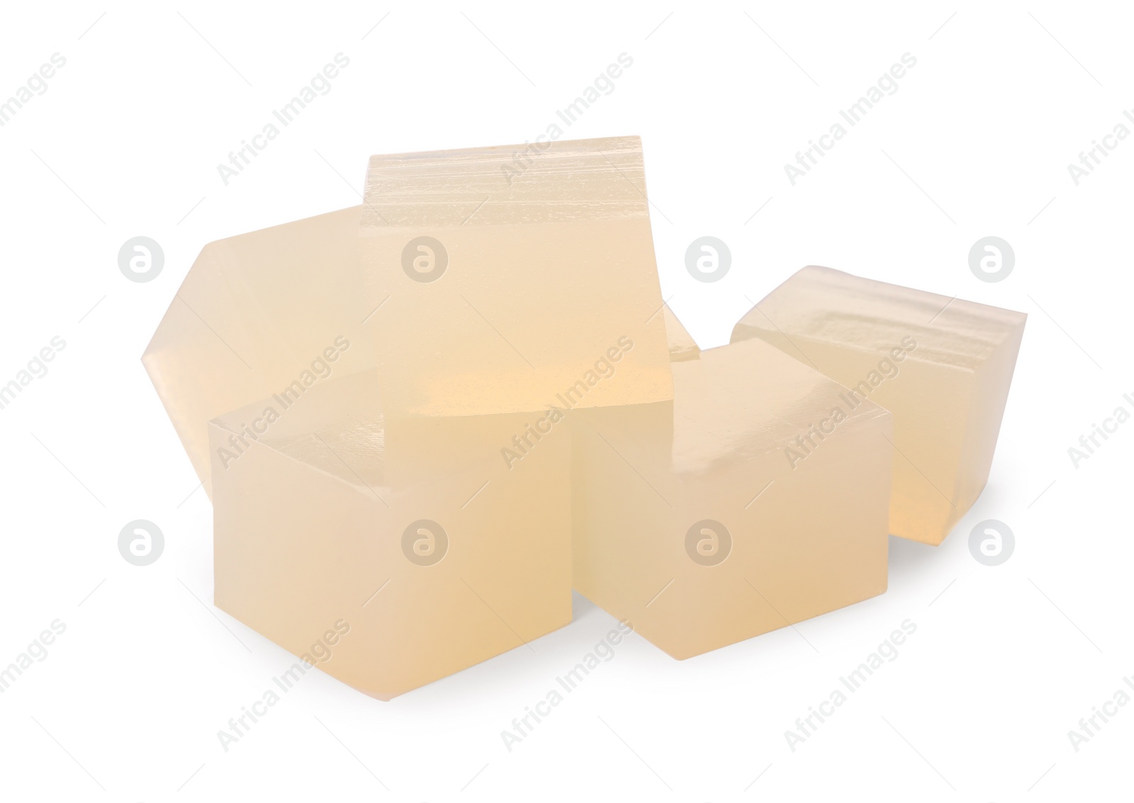 Photo of Many agar-agar jelly cubes on white background