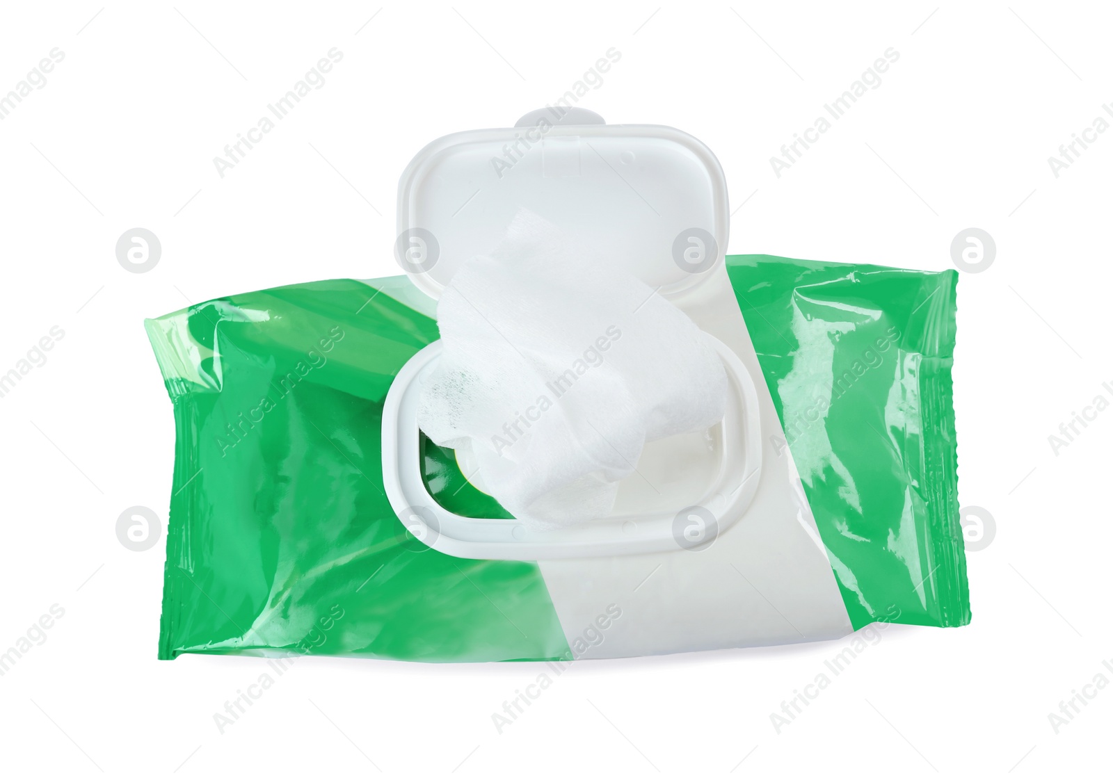 Image of Wet wipes flow pack isolated on white, top view