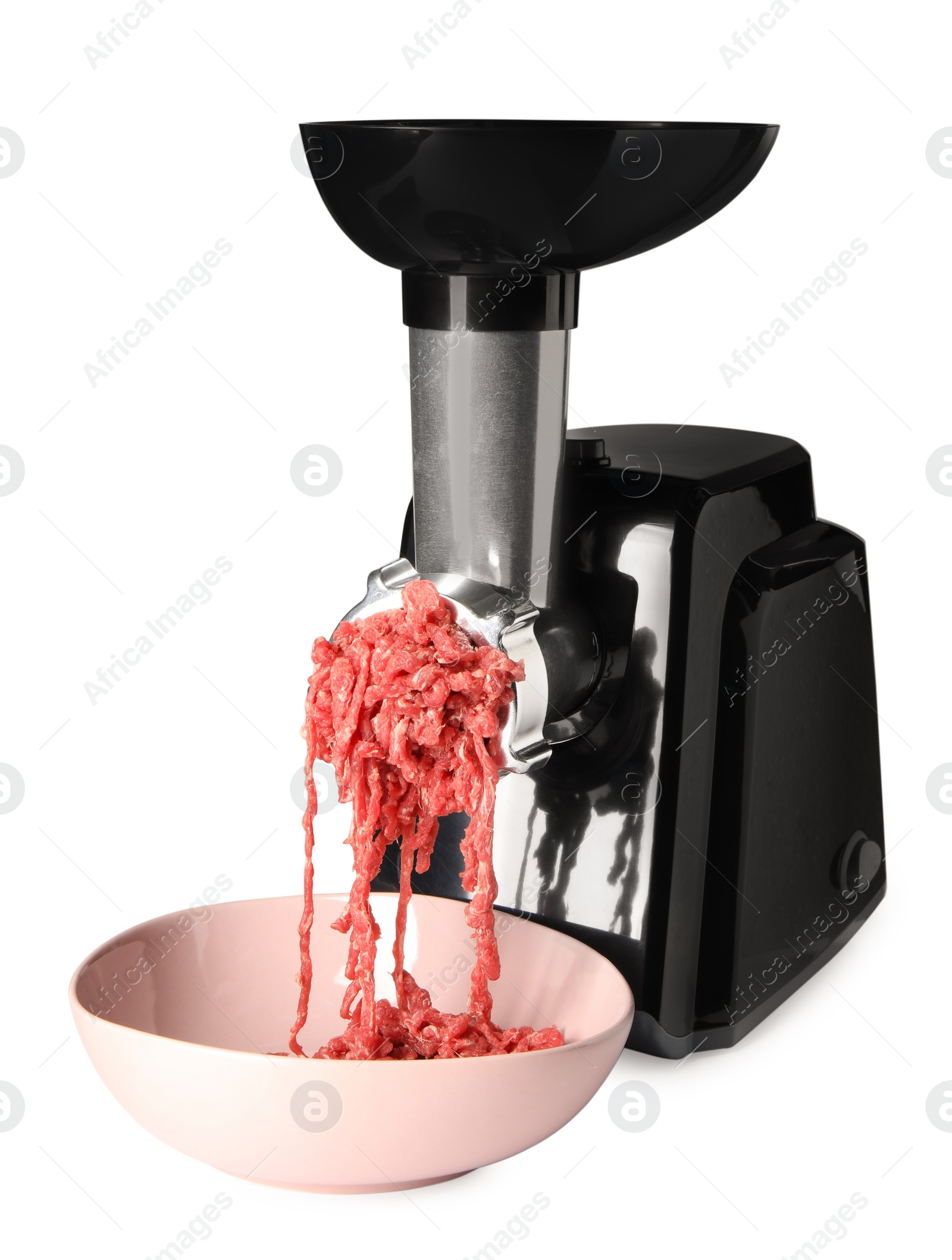 Photo of Electric meat grinder with beef mince isolated on white