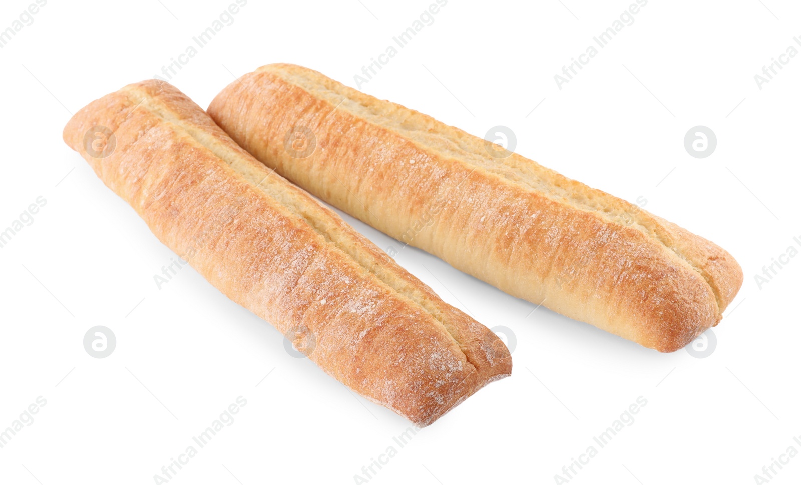 Photo of Tasty baguettes on white background. Fresh bread