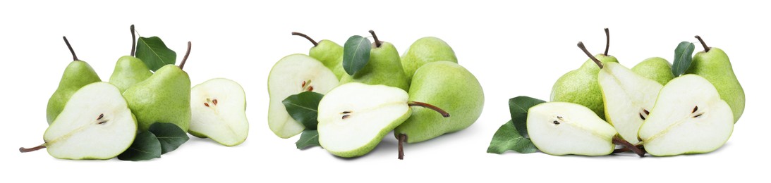 Set with tasty ripe pears on white background. Banner design