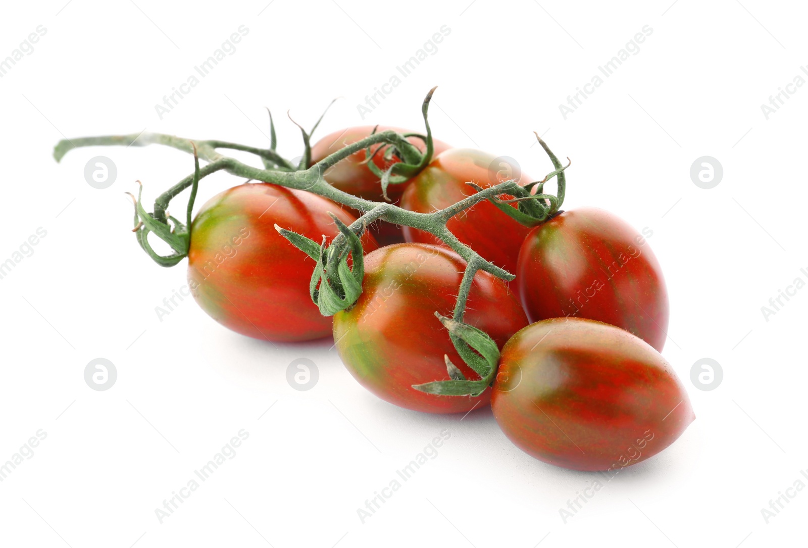 Photo of Branch of red grape tomatoes on white background