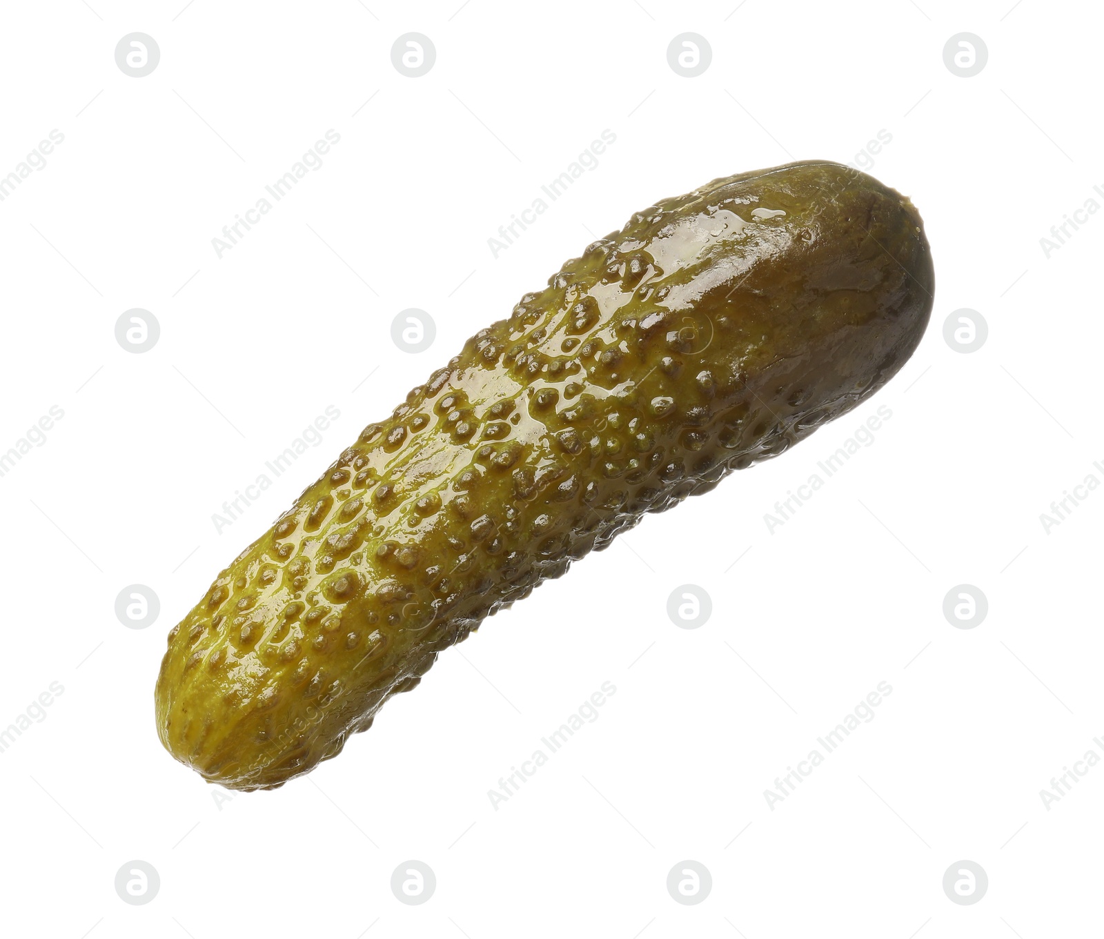 Photo of One tasty pickled cucumber isolated on white