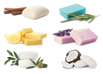 Set of different soap bars and ingredients on white background