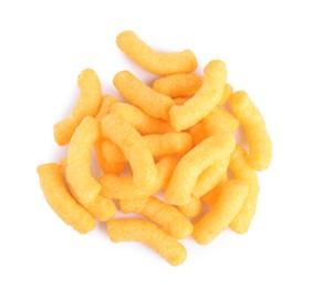 Photo of Many tasty cheesy corn puffs isolated on white, top view