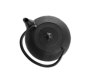 Black teapot isolated on white, top view