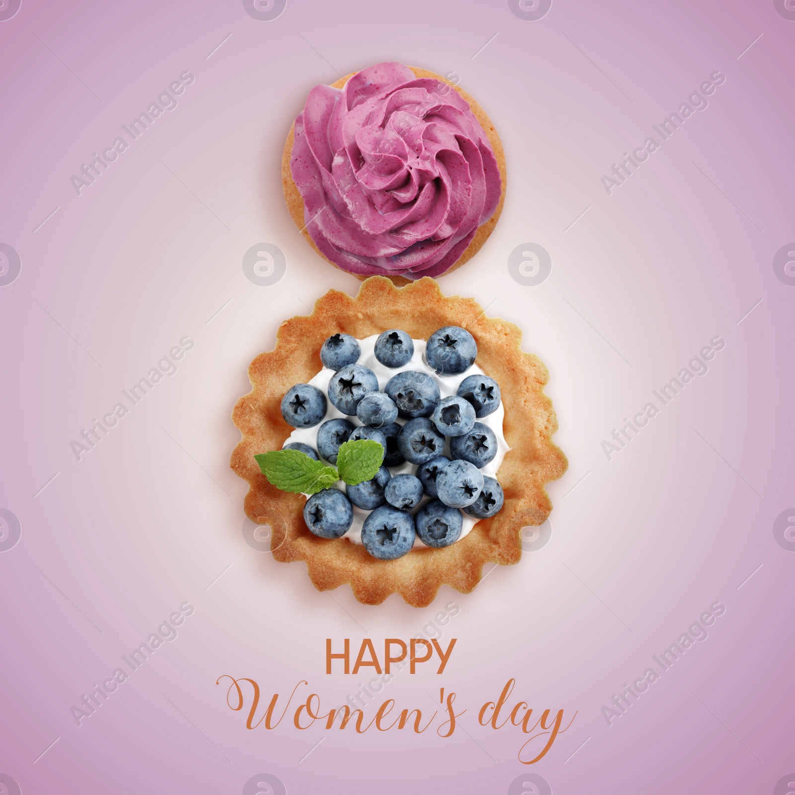 Image of 8 March - Happy International Women's Day. Card design with shape of number eight made of desserts on light violet background, top view