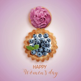 Image of 8 March - Happy International Women's Day. Card design with shape of number eight made of desserts on light violet background, top view