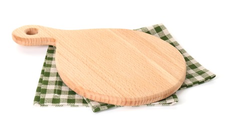 Photo of Wooden cutting board and napkin isolated on white