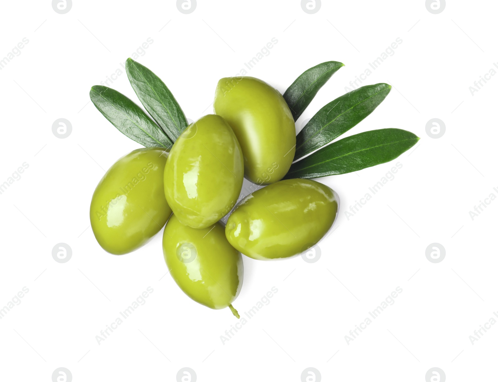 Photo of Delicious fresh green olives with leaves on white background, top view