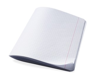 Photo of Folded copybook with checkered sheets of paper on white background