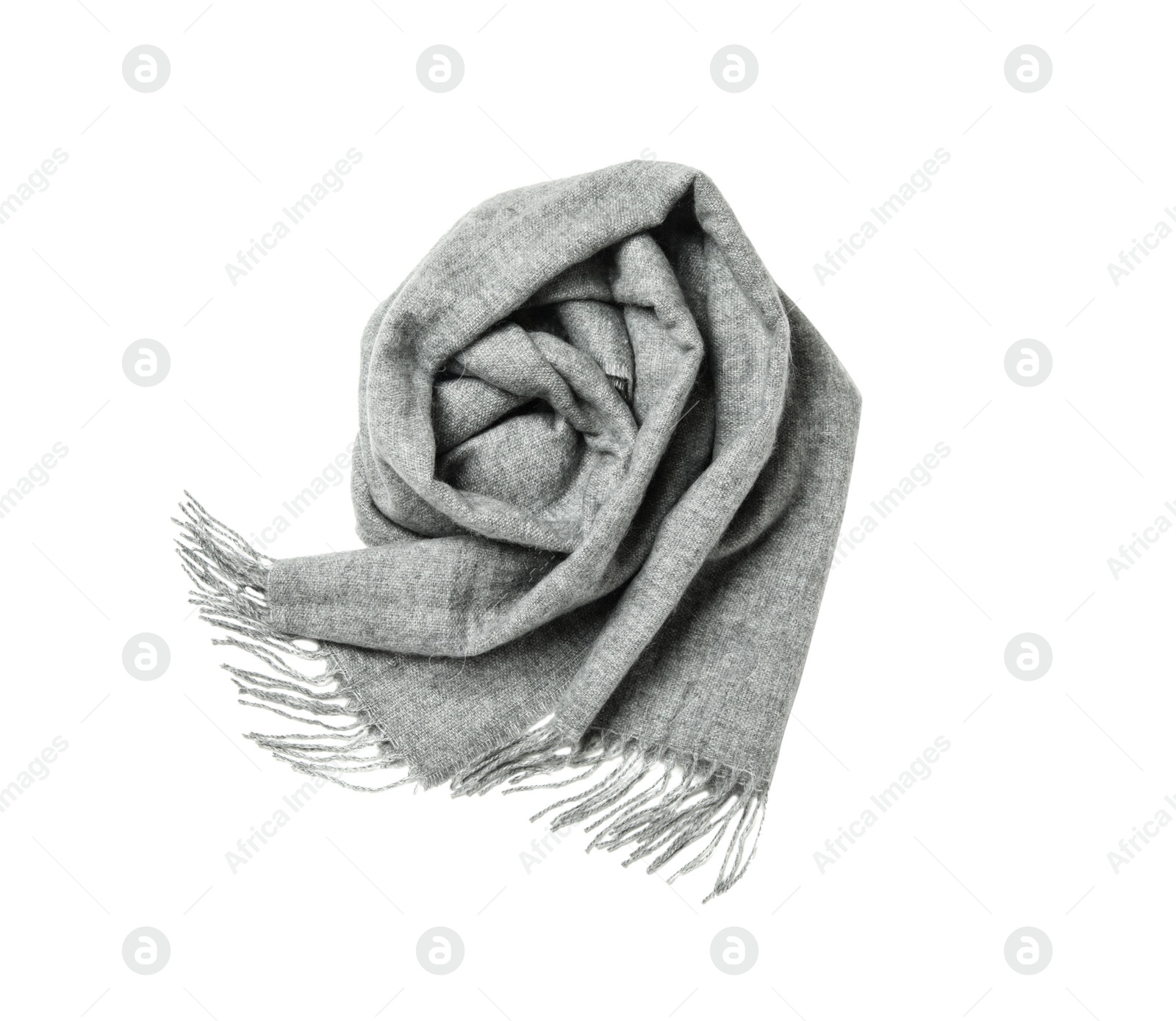 Photo of Soft grey woolen scarf isolated white, top view