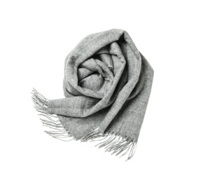 Soft grey woolen scarf isolated white, top view