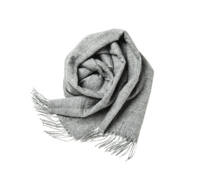 Photo of Soft grey woolen scarf isolated white, top view