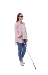 Photo of Blind woman with long cane on white background