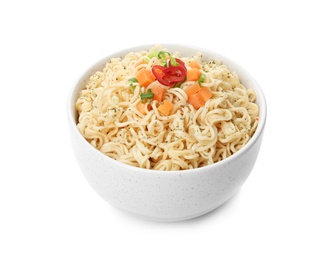 Tasty instant noodles with vegetables in bowl isolated on white